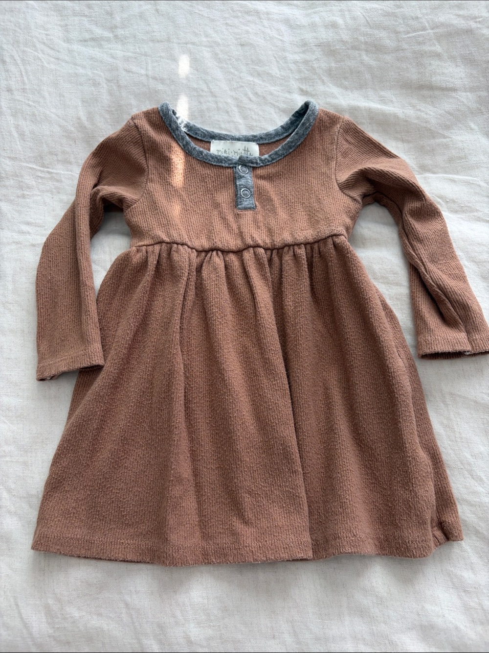 Girls' Long Sleeve Knit Dress in Brown with Grey Trim